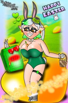 alternate_breast_size_(larger) animal_ears blush breasts earrings english_text gem green_gemstone highres jewelry marie_(splatoon) nintendo rabbit_ears splatoon_(series) themightyemerald