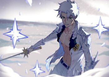 Rule 34 | 1boy, bankai, belt, black belt, bleach, bleach: sennen kessen-hen, coat, commission, daiguren hyourinmaru (bankai), epaulettes, green eyes, guozhi (artist), hashtag-only commentary, highres, hitsugaya toushirou, hitsugaya toushirou (adult), holding, holding sword, holding weapon, ice, male focus, navel, no shirt, open clothes, open coat, pectorals, second-party source, smile, solo, sword, toned, toned male, upper body, weapon, white hair, zanpakutou