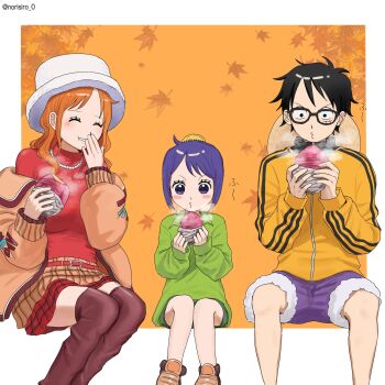 Rule 34 | 1boy, 2girls, autumn leaves, belt, belt buckle, black-framed eyewear, black hair, blush, boots, border, brown boots, brown cardigan, buckle, cardigan, checkered clothes, checkered skirt, closed eyes, commentary request, covering own mouth, facial scar, facing another, falling leaves, feet out of frame, food, fur-trimmed shorts, fur trim, glasses, green shirt, hat, highres, holding, holding food, invisible chair, jacket, jewelry, kurozumi tama, leaf, long hair, long sleeves, looking at food, miniskirt, monkey d. luffy, multiple girls, nami (one piece), necklace, norisiro 0, official alternate costume, one piece, open cardigan, open clothes, orange background, orange hair, outside border, parted lips, pearl necklace, puckered lips, purple hair, purple shorts, red belt, red skirt, red sweater, roasted sweet potato, scar, scar on cheek, scar on face, shirt, short hair, shorts, sitting, skirt, smile, steam, straw hat, sweater, sweet potato, thigh boots, turtleneck, turtleneck sweater, twitter username, unworn hat, unworn headwear, wavy hair, white border, white hat, yellow jacket