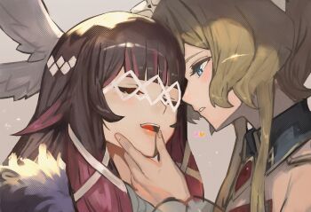 2girls absurdres bare_shoulders black_hair blue_eyes brown_hair closed_eyes columbina_(genshin_impact) detached_collar detached_sleeves dress eye_mask fatui_coat finger_to_another&#039;s_mouth genshin_impact hair_ornament hand_on_another&#039;s_face head_wings headdress heart highres long_hair looking_at_another mask multicolored_hair multiple_girls open_mouth parted_lips pink_hair sandrone_(genshin_impact) short_hair_with_long_locks simple_background smile streaked_hair trustyskittles two-tone_hair white_dress white_mask wings yuri