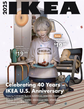 1girl 2025 absurdres anniversary blue_nails candle commentary cup english_commentary food fruit highres holding holding_plate ikea ikea_shark jewelry kneeling mikasamu mole mole_under_eye necklace original plate price short_hair solo strawberry stuffed_animal stuffed_octopus stuffed_shark stuffed_toy teacup teddy_bear