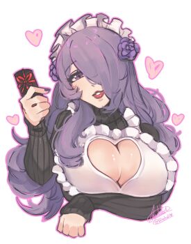 Rule 34 | 1girl, alternate costume, apron, arm under breasts, artist name, black sweater, breasts, camilla (fire emblem), center opening, chocolate, cleavage cutout, clothing cutout, commentary, english commentary, fire emblem, fire emblem fates, food, grin, hair over one eye, hand up, heart, heart cutout, heart in eye, highres, hinahaii, holding, holding chocolate, holding food, incoming gift, large breasts, lipstick, long hair, maid, maid apron, maid headdress, makeup, nail polish, nintendo, purple eyes, purple hair, purple nails, red lips, signature, smile, solo, sweater, symbol in eye, twitter username, white apron, white background, white headdress