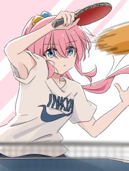 1girl absurdres armpits ball blue_eyes blurry blurry_foreground bocchi_the_rock! closed_mouth cube_hair_ornament dot_nose gotoh_hitori hair_between_eyes hair_ornament hands_up highres holding holding_table_tennis_paddle logo logo_parody long_hair mayo_(oekaki_bibbi) motion_lines nike_(company) paddle pink_hair ponytail shirt short_sleeves solo speed_lines t-shirt table_tennis table_tennis_ball table_tennis_net table_tennis_paddle upper_body white_background white_shirt