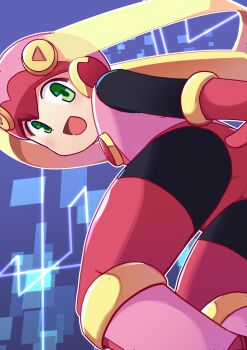 1girl absurdres ass black_bodysuit blonde_hair blue_background bodysuit from_behind green_eyes helmet highres kanisawa_yuuki leotard long_hair looking_at_viewer looking_back mega_man_(series) mega_man_battle_network_(series) netnavi open_mouth pink_helmet pink_leotard roll.exe_(mega_man) solo