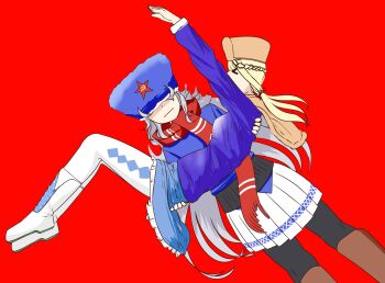 Rule 34 | > <, 2girls, :|, black legwear, blonde hair, blue headwear, blue jacket, blue skirt, boots, braid, brown capelet, brown footwear, capelet, carrying, character request, check character, closed mouth, covered eyes, dutch angle, fur hat, girls' frontline, hammer and sickle, hat, highres, jacket, knee boots, letter pose, long hair, makarov (girls' frontline), multiple girls, pantyhose, ppsh-41 (girls' frontline), princess carry, red background, red scarf, scarf, sidoaldo, single braid, skirt, ushanka, very long hair, white footwear, white hair, white legwear, white skirt