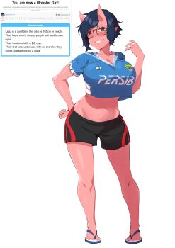 1girl absurdres alternate_breast_size alternate_hair_color artist_name artist_self-insert black-framed_eyewear black_shorts blue_hair blue_shirt breasts brown_hair clothes_writing collarbone colored_skin crop_top demon_girl glasses hand_on_own_hip hand_up highres large_breasts looking_at_viewer lulu-chan92 midriff monster_girl navel original persib_bandung red_skin sandals shirt short_hair shorts smile standing thighs white_background white_footwear