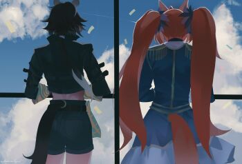 2girls animal_ears black_jacket black_shorts blue_jacket blue_sky brown_hair cloud commentary confetti crop_top daiwa_scarlet_(peak_blue)_(umamusume) daiwa_scarlet_(umamusume) english_commentary epaulettes from_behind highres horse_ears horse_girl horse_tail jacket layered_skirt long_hair long_sleeves multiple_girls shorts skirt sky tail theheavenpit twintails umamusume very_long_hair vodka_(umamusume) vodka_(wild_top_gear)_(umamusume) window