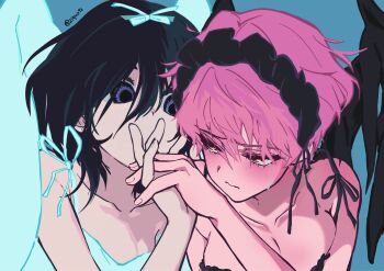 Rule 34 | 2girls, alien stage, black dress, black hair, black hairband, black wings, blue eyes, breasts, cleavage, commentary, crying, dilated pupils, dress, hair between eyes, hairband, hashtag-only commentary, highres, holding hands, medium hair, mizi (alien stage), multiple girls, official alternate costume, pink hair, short hair, signature, sleeveless, sleeveless dress, sua (alien stage), tears, very short hair, white dress, white wings, wings, yellow eyes, ziqua92