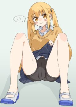 absurdres bike_shorts blonde_hair blue_skirt blush_stickers brown_eyes brown_sweater closed_mouth clothes_lift collared_shirt commentary_request dress_shirt grey_background highres kopaka_(karda_nui) long_hair long_sleeves looking_at_viewer no_socks original pleated_skirt puffy_long_sleeves puffy_sleeves school_uniform shirt shoes shorts shorts_under_skirt simple_background skirt skirt_lift sleeves_past_wrists small_sweatdrop solo spoken_blush sweat sweater thigh_focus twintails uwabaki wavy_mouth white_shirt white_shoes