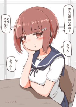 1girl blue_neckerchief blue_sailor_collar blunt_bangs brown_eyes brown_hair chair commentary_request cosplay curse_(023) fubuki_(kancolle) fubuki_(kancolle)_(cosplay) hair_ornament hairclip hand_on_own_hip highres kantai_collection neckerchief on_chair one-hour_drawing_challenge sailor_collar shirt sidelocks sitting solo table translation_request upper_body white_shirt z3_max_schultz_(kancolle)