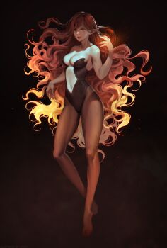 1girl bare_arms bare_shoulders black_background blonde_hair breasts brown_hair brown_pantyhose brown_theme caesty center_opening cleavage female_focus fingernails full_body glowing gradient_hair grey_eyes leg_up leotard light_particles lips long_hair medium_breasts mole mole_under_eye multicolored_hair navel no_shoes original pantyhose parted_lips pointy_ears sharp_fingernails smile solo standing stomach strapless strapless_leotard swept_bangs very_long_hair wavy_hair