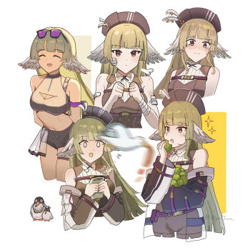 0_0 1girl :d ^_^ animal arknights bandaged_wrist bandages bare_shoulders bird black-framed_eyewear blunt_bangs blurry blush breasts brown_eyes brown_hat cleavage cleavage_cutout clenched_hands closed_eyes closed_mouth clothing_cutout commentary crying crying_with_eyes_open dirty eating elysiium english_commentary eyewear_on_head food green_hair hat highres holding holding_food long_hair long_sleeves medium_breasts motion_blur multiple_views off_shoulder official_alternate_costume open_mouth poncirus_(arknights) poncirus_(to_rest_in_night_breezes)_(arknights) puff_of_air purple-tinted_eyewear smile sparkle surprised tears tinted_eyewear twitter_username watermark white_background white_bird