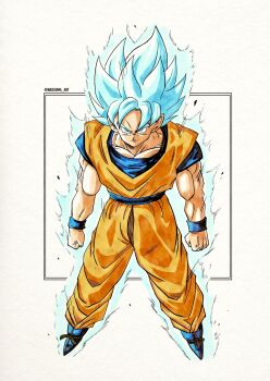 1boy blue_boots blue_eyes blue_hair blue_sash blue_shirt blue_wrist_cuffs boots clenched_hands dougi dragon_ball dragon_ball_super full_body highres looking_at_viewer male_focus medium_hair naouuma_art orange_pants orange_shirt pants sash shirt simple_background solo son_goku spiked_hair super_saiyan super_saiyan_blue white_background wrist_cuffs