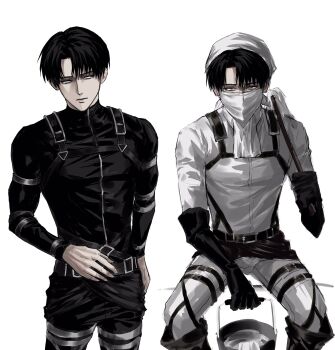 1boy arm_strap black_eyes black_hair bucket chest_strap curtained_hair duster highres holding levi_(shingeki_no_kyojin) male_focus mask mouth_mask paradis_military_uniform shingeki_no_kyojin shirt short_hair simple_background solo sso_s thigh_strap white_background