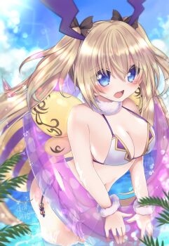 Rule 34 | antennae, arthropod girl, artist name, bee girl, bee wings, bikini, black bow, blonde hair, blue eyes, blue sky, blush, bow, breasts, cleavage, emil chronicle online, fur choker, fur wrist cuffs, hair bow, highres, holding, holding swim ring, innertube, insect girl, insect wings, large breasts, navel, ocean, open mouth, queenbee alma, raised inner eyebrows, satsuki atan, signature, sky, swim ring, swimsuit, twintails, white bikini, white wrist cuffs, wings, wrist cuffs, yellow wings