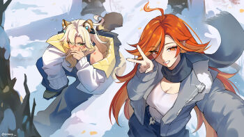2girls absurdres ahoge animal_ears black_scarf blonde_hair blush breasts cleavage commentary commission covering_own_mouth english_commentary enzore genshin_impact green_eyes grey_jacket highres jacket leopard_ears leopard_girl leopard_tail lipstick_mark lipstick_mark_on_face lipstick_mark_on_shoulder mavuika_(genshin_impact) multiple_girls orange_hair red_eyes red_hair scarf selfie shirt signature sitting smile snow tail v vgen_commission white_jacket white_shirt winter_clothes xilonen_(genshin_impact) yuri
