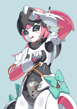 Rule 34 | > <, 1girl, absurdres, aria (robot) (zenless zone zero), aria (zenless zone zero), arm garter, arm up, black sclera, blue background, blue eyes, bow, closed eyes, colored sclera, commentary request, cowboy shot, green bow, harukatoku1009, highres, humanoid robot, open mouth, polka dot, polka dot bow, robot, robot girl, simple background, solo, zenless zone zero