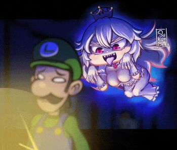 ! >_< ... 1boy 1girl animated animated_gif artist_name blue_overalls blush breasts brooch cleavage collar colored_eyelashes commentary covering_face dark detached_collar dress facial_hair flashlight floating_hair frilled_collar frilled_dress frilled_gloves frills ghost_pose gloves glowing green_shirt huge_filesize indoors jewelry large_breasts long_hair luigi luigi's_mansion mario_(series) mustache new_super_mario_bros._u_deluxe nintendo o_o overalls painting_(object) princess_king_boo puffy_short_sleeves puffy_sleeves purple_eyes sharp_teeth shirt short_sleeves sukendo super_crown teeth thighs tongue tongue_out tsurime v-shaped_eyebrows very_long_hair wavy_mouth white_dress white_gloves white_hair