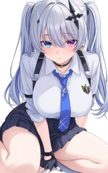 Rule 34 | 1girl, absurdres, arm behind back, arm support, black choker, black skirt, blue eyes, blue hair, blue necktie, blue streaks, blush, breasts, choker, closed mouth, collared shirt, cross, cross-shaped pupils, earrings, fingerless gloves, gloves, grey hair, hair between eyes, hair ornament, heterochromia, highres, inverted cross, jewelry, large breasts, long hair, looking at viewer, multicolored hair, nail polish, nameko houshi, necktie, neo-porte, on ground, pink eyes, pleated skirt, purple nails, shirt, shirt tucked in, shoulder strap, simple background, single earring, sitting, skirt, solo, streaked hair, symbol-shaped pupils, tentei forte, tentei forte (2nd costume), thighs, three-quarter sleeves, twintails, very long hair, virtual youtuber, white background, white shirt, yokozuwari