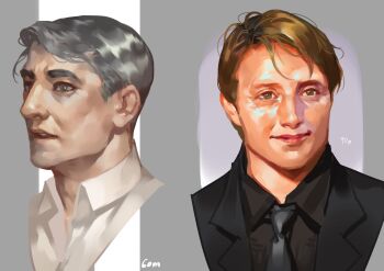 2boys art_study black_jacket black_necktie black_shirt brown_hair character_name character_request closed_mouth collared_shirt commentary copyright_request english_commentary grey_background grey_eyes grey_hair highres jacket lips looking_ahead lydialing_draws male_focus multiple_boys necktie nose open_mouth real_life realistic shirt short_hair smile white_shirt