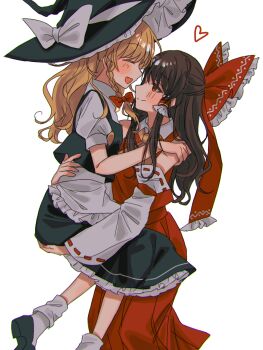 2girls :d ^_^ absurdres amatukimahoro apron artist_name ascot black_hat black_shoes black_skirt black_vest blonde_hair bow braid brown_hair carrying carrying_person child_carry closed_eyes collared_shirt commentary_request detached_sleeves face-to-face facing_another frilled_bow frilled_hair_tubes frilled_skirt frills hair_bow hair_tubes hakurei_reimu hand_on_another's_shoulder hand_on_another's_waist hat hat_bow hat_ribbon highres kirisame_marisa long_hair long_sleeves looking_at_another multiple_girls open_mouth puffy_short_sleeves puffy_sleeves red_bow red_eyes red_ribbon red_shirt red_skirt ribbon ribbon-trimmed_sleeves ribbon_trim shirt shoes short_sleeves side_braid sidelocks single_braid skirt sleeveless sleeveless_shirt smile socks touhou vest waist_apron watermark white_apron white_bow white_ribbon white_shirt white_socks witch_hat yellow_ascot yuri