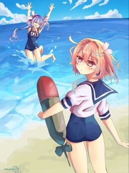 2girls ahoge ass beach blue_hair blush breasts closed_eyes commentary_request day hair_ornament hair_ribbon highres i-19_(kancolle) i-58_(kancolle) jumping kantai_collection large_breasts long_hair multiple_girls name_tag ocean one-piece_swimsuit open_mouth outdoors pink_hair ponytail r_you_yabai red_eyes ribbon sailor_collar sand school_swimsuit school_uniform serafuku short_hair signature smile swimsuit swimsuit_under_clothes torpedo twintails water