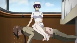 1boy 1girl absurdres animated brown_hair erection exercising eyepatch faceless faceless_male feet femdom footjob green_pants green_shirt hat hetero highres indoors legs looping_animation mirai_nikki name_tag nishijima_masumi nurse nurse_cap pants penis precum precum_string purple_hair push-ups shirt sitting sitting_on_person source_request sweat uryuu_minene video zenov