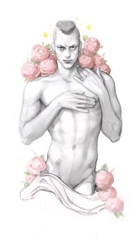 1boy abs black_hair covering_chest covering_privates cropped_legs diamond_wa_kudakenai fabulous floral_background groin jojo_no_kimyou_na_bouken lips looking_at_viewer male_focus mohawk navel nijimura_okuyasu nude partially_colored pectorals pompadour pubic_stubble smile solo sparkle stomach toned toned_male ulrikbadass