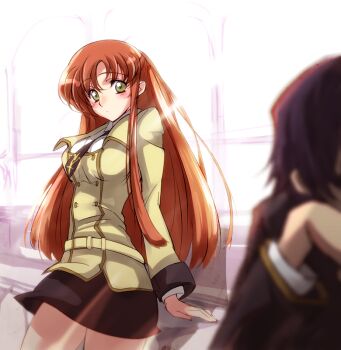 1boy 1girl black_hair blush breasts brown_hair closed_mouth code_geass green_eyes lelouch_vi_britannia long_hair looking_at_another medium_breasts necktie out_of_character school_uniform shirley_fenette upper_body window yk-kz