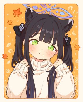 1girl animal_ears autumn_leaves black_hair blue_archive blue_halo blush closed_mouth commentary_request extra_ears green_eyes halo hands_up holding holding_own_hair leaf long_hair looking_at_viewer onyhakase shun_(blue_archive) shun_(small)_(blue_archive) smile solo sweater upper_body very_long_hair white_sweater