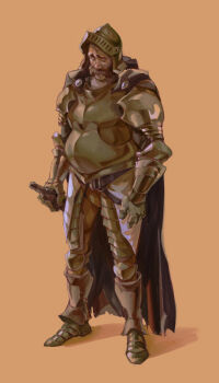 Rule 34 | 1boy, absurdres, armor, belly, brown hair, cape, disco elysium, facial hair, facing viewer, full body, harry du bois, helmet, highres, holding, holding sword, holding weapon, knight, looking to the side, male focus, mutton chops, nervous, solo, standing, sword, thatuglymeme, visor (armor), weapon