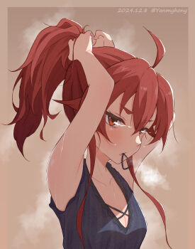 Rule 34 | 1girl, 2024, absurdres, ahoge, arms up, bare arms, black shirt, breasts, brown background, cleavage, collarbone, commentary, dated, eris greyrat, fang, fang out, hair between eyes, highres, long hair, mouth hold, mushoku tensei, ponytail, red eyes, red hair, shirt, signature, sleeveless, sleeveless shirt, small breasts, solo, twitter username, tying hair, upper body, yanmyhony