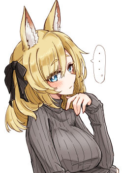 ... 1girl absurdres animal_ear_fluff animal_ears arknights arm_under_breasts black_ribbon blonde_hair blue_eyes blush breasts commentary_request from_side grey_sweater hair_ribbon hatching_(texture) highres large_breasts linear_hatching long_sleeves looking_at_viewer maiq06 medium_hair ribbed_sweater ribbon solo spoken_ellipsis sweater turtleneck turtleneck_sweater upper_body wavy_mouth whislash_(arknights) white_background