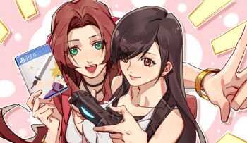 2girls aerith_gainsborough bangle bare_shoulders black_choker black_hair bracelet breasts brown_hair choker closed_mouth cloud_strife collarbone commentary_request controller crow0cc final_fantasy final_fantasy_vii final_fantasy_vii_remake game_console game_controller green_eyes hair_ribbon holding holding_controller jacket jewelry large_breasts long_hair multiple_girls open_clothes open_jacket open_mouth parted_bangs pink_ribbon playstation_4 red_eyes red_jacket ribbon smile suspenders swept_bangs tank_top tifa_lockhart upper_body white_tank_top