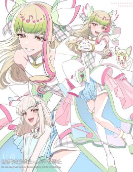 1girl bare_legs bare_shoulders blonde_hair blunt_bangs bob_cut boots bubble_skirt choker cure_zukyuun dress elbow_gloves fortissimo frilled_ribbon frills full_body gingham_dress gloves gradient_hair green_hair green_shirt green_skirt hair_extensions hair_ornament hair_wings hairpin heart-shaped_lock holding_own_hand kimi_to_idol_precure kneehighs leg_up long_hair miniskirt multicolored_hair musical_note musical_note_hair_ornament nimokakunimoto open_mouth precure puffy_dress puffy_sleeves purirun_(civilian)_(precure) purirun_(fairy)_(precure) purirun_(precure) ribbon ribbon_choker sample_watermark see-through_clothes see-through_shirt see-through_sleeves shirt short_dress short_hair signature single_bare_leg single_kneehigh single_sleeve single_sleeve_cuff single_sock single_wide_sleeve skirt smile socks solo solo_focus standing standing_on_one_leg stuffed_animal stuffed_toy watermark white_dress white_gloves wing_hair_ornament wrist_cuffs