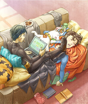 2boys bat_symbol batman batman_(series) black_hair blue_eyes bone book boots brown_upholstery bruce_wayne cape chazono_(irakunoikura) child clark_kent collar computer cookie couch dc_comics dog doll eating food justice_league krypto kryptonian laptop male_focus martian_manhunter meat multiple_boys pillow plate sitting sleeping steak superman superman_(series) the_flash toy