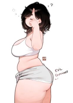1girl ? ?? absurdres ange_(zasshu) ass belly black_hair breasts camisole commentary english_commentary english_text evil_container_(meme) highres huge_ass large_breasts meme midriff original patreon_username plump shorts sleepy solo squeans thick_eyebrows thick_thighs thighs white_background white_camisole white_shorts zasshu
