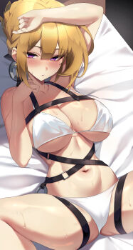 1girl arm_up bikini blonde_hair blush breasts chest_belt cleavage collarbone evelyn_chevalier highres large_breasts lessone looking_at_viewer lying navel on_back parted_lips purple_eyes solo stomach sweat swimsuit white_bikini zenless_zone_zero