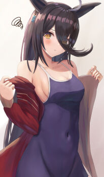 Rule 34 | 1girl, ahoge, animal ears, bare shoulders, black hair, blue one-piece swimsuit, blush, breasts, cleavage, collarbone, collared shirt, commentary request, competition school swimsuit, ear tag, earrings, hair between eyes, highres, horse ears, horse girl, jacket, jacket partially removed, jewelry, long bangs, long hair, long hair between eyes, long sleeves, looking at viewer, manhattan cafe (umamusume), medium breasts, multicolored hair, navel, one-piece swimsuit, open clothes, open jacket, parted lips, red jacket, school swimsuit, shirt, simple background, single earring, solo, squiggle, swimsuit, thurumu, tracen swimsuit, umamusume, very long hair, white hair, yellow eyes