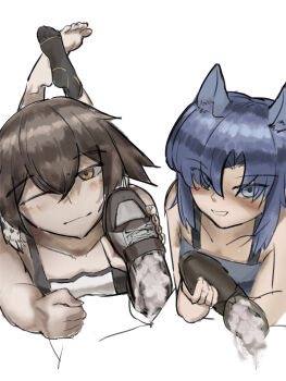 2girls absurdres animal_ears arknights barefoot blue_hair blush brown_hair cum fang_(arknights) feet grin highres long_hair looking_at_viewer lying medium_hair multiple_girls on_stomach one_eye_closed operatorut plume_(arknights) shoejob shoes smile socks soles toes unworn_shoes unworn_socks yellow_eyes