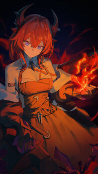 Rule 34 | 1girl, absurdres, arknights, arknights: endfield, bare shoulders, black dress, black gloves, black horns, breasts, cleavage, closed mouth, commentary request, demon girl, demon horns, detached sleeves, dress, fire, gloves, hair between eyes, hair intakes, highres, horns, laevatain (arknights), long hair, looking at viewer, lupinu5, purple eyes, red hair, sideless dress, small breasts, solo, surtr (arknights)
