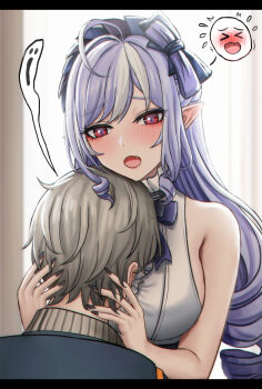 Rule 34 | 1boy, 1girl, absurdres, ahoge, bare arms, bare shoulders, black nails, blush, breasts, commentary request, grey hair, highres, large breasts, long hair, multicolored hair, open mouth, pointy ears, purple hair, red eyes, selcky, streaked hair, upper body, vivian banshee, white hair, wise (zenless zone zero), zenless zone zero