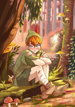 1boy 1girl artist_name boots brown_footwear brown_hair crossed_ankles crossed_arms fairy feathers fly_agaric green_eyes green_headwear green_tunic hat hat_feather highres leaf log looking_to_the_side maria_dresden moss mushroom outdoors plant pointy_ears red_feathers short_hair sitting size_difference tinker_bell_(disney) tree tunic walt_disney&#039;s_peter_pan watermark