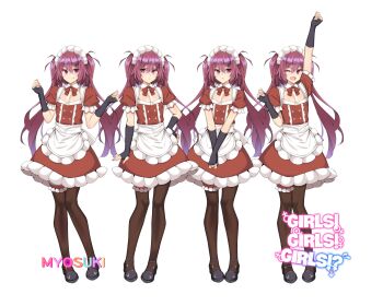 1boy :o ;d apron arm_up black_gloves black_legwear crossdressing crossdressing_(mtf) dress fingerless_gloves full_body girls!_girls!_girls!? gloves grin hand_on_own_hip highres husun_wei long_hair maid male_focus male_maid multiple_views one_eye_closed open_mouth own_hands_together pantyhose pectorals pout puffy_short_sleeves puffy_sleeves red_dress red_eyes red_hair short_sleeves simple_background smile sprite_sheet trap twintails very_long_hair waist_apron white_background