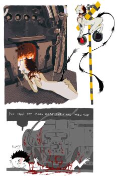 1boy black_eyes black_tail blood blood_from_mouth body_fur crushed death ember_(jejejunum) fire furnace guro highres jejejunum locomotive lying mechanophilia monster_boy on_stomach original railroad_tracks rust suicide train white_fur