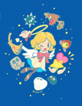 1girl angel angel_(kirby) angel_wings blocky_(kirby) blonde_hair blue_background boboo_(kirby) captain_stitch gooey_(kirby) haboki halo jumper_shoot kirby kirby&#039;s_dream_land_3 kirby_(series) nintendo one_eye_closed open_mouth pokka730 ream_land_3 smile wings yuki_(kirby)