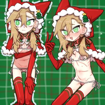1girl @_@ animal_ears bikini blonde_hair breasts christmas commentary_request dual_persona elbow_gloves gloves green_eyes hair_between_eyes highres long_hair matangom matangomu-chan micro_bikini original petite plaid_background red_gloves red_thighhighs shrug_(clothing) skinny small_breasts swimsuit thighhighs v