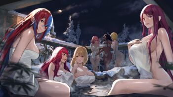 6+girls black_hair blonde_hair blue_eyes blue_hair bra breasts citrinne_(fire_emblem) cleavage crossed_bangs dark-skinned_female dark_skin facing_away female_alear_(fire_emblem) female_focus fire_emblem fire_emblem_engage full_moon goldmary_(fire_emblem) heterochromia highres ivy_(fire_emblem) j@ck lapis_(fire_emblem) large_breasts looking_at_viewer matching_hair/eyes mole mole_under_mouth moon multicolored_hair multiple_girls naked_towel navel night nintendo onsen open_mouth panties parted_lips pink_hair purple_eyes purple_hair red_eyes red_hair sky smile snow split-color_hair standing strapless strapless_bra timerra_(fire_emblem) towel underwear underwear_only white_bra white_panties yellow_eyes yunaka_(fire_emblem)