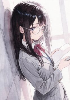1girl absurdres against_wall black_hair blazer book bow bowtie commentary_request glasses grey-framed_eyewear grey_jacket grey_skirt highres holding holding_book jacket long_hair long_sleeves looking_at_viewer mannmaruu original painting_(medium) red_bow red_bowtie school_uniform shirt skirt solo traditional_media watercolor_(medium) white_shirt