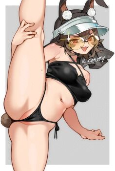 1girl animal_ear_fluff animal_ears arknights bikini black_bikini breasts brown_hair caper_(arknights) caper_(summer_flowers)_(arknights) commentary_request criss-cross_halter e_draw_paint halterneck hat leg_lift leg_up looking_at_viewer medium_breasts open_mouth partially_visible_vulva rabbit_ears rabbit_girl rabbit_tail side-tie_bikini_bottom simple_background solo sparkle split standing standing_on_one_leg standing_split sunglasses swimsuit tail twitter_username visor_cap